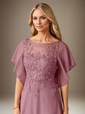 A Line Chiffon Boat Neck Short Sleeves Floor Length Pleated Mother of the Bride Dresses With Appliques