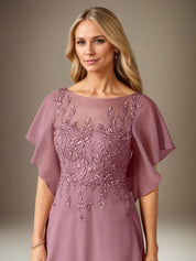 A Line Chiffon Boat Neck Short Sleeves Floor Length Pleated Mother of the Bride Dresses With Appliques