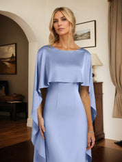 Sheath/Column Stretch Crepe Boat Neck Cape Sleeves Floor Length Dress