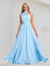 Sky Blue Chiffon A Line Halter Neck Floor-Length Sleeveless Bridesmaid Dress
