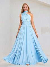 Sky Blue Chiffon A Line Halter Neck Floor-Length Sleeveless Bridesmaid Dress