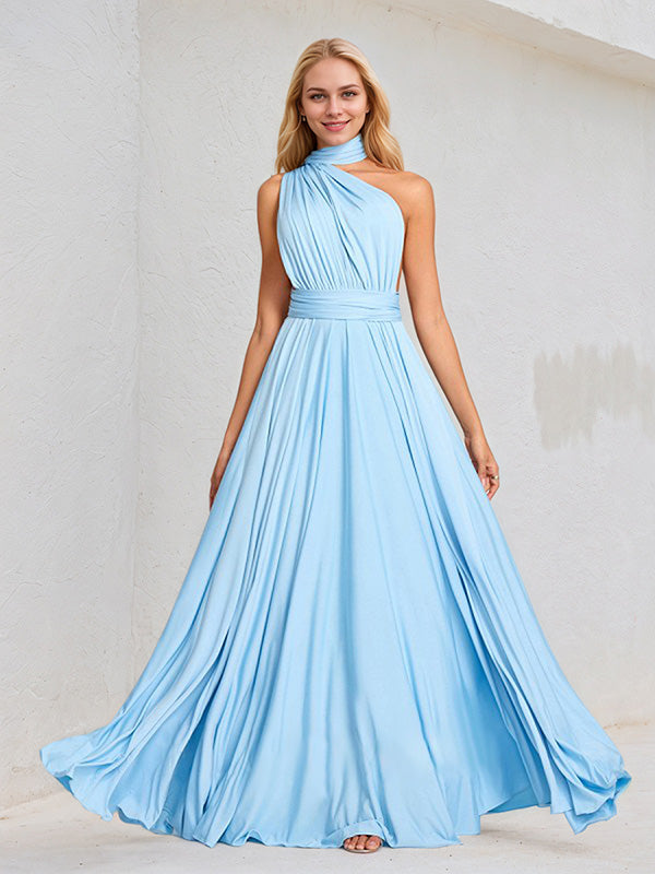 Sky Blue Chiffon A Line Halter Neck Floor-Length Sleeveless Bridesmaid Dress