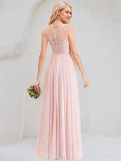 Blushing Pink A-Line Scoop Floor-Length Lace Chiffon Bridesmaid Dress