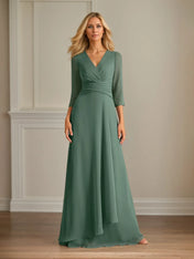 A Line V Neck 3/4 Sleeves Floor-Length Chiffon Dress With Pleated