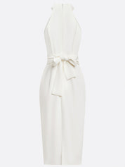 White Buckle Ruched Classic Halter Sleeveless Sheath Midi Dress