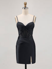Bodycon Sheer Corset Pleated Mini Dress with Slit