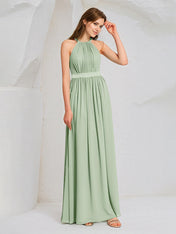 Sage Chiffon A Line Halter Neck Sleeveless Floor Length Bridesmaid Dress