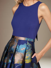 Royal Blue A Line Satin Jewel Neckline Sleeveless Floor Length Floral Dress