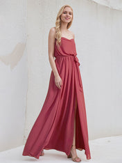 Cinnamon Rose Chiffon A Line Spaghetti Straps Sleeveless Floor Length Bridesmaid Dress