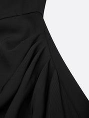 Black Pleated Classic Crew Neck Short Sleeve Puff Sleeve Sheath Midi Dress