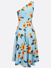 Blue Floral One Shoulder Sleeveless A-Line Midi Dress