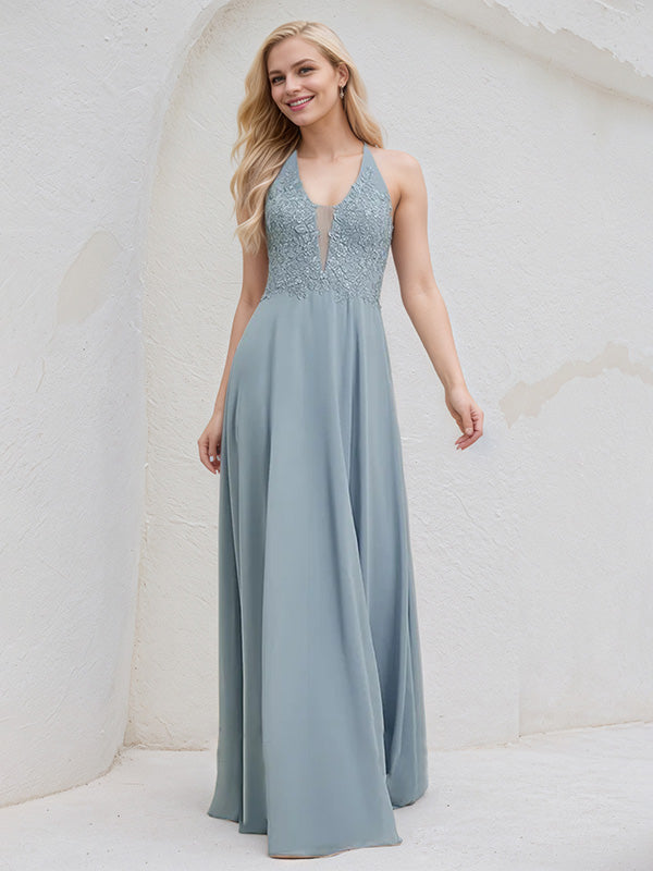 Dusty Blue Chiffon A Line V Neck Sleeveless Floor Length Bridesmaid Dress With Appliques