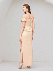 Champagne Sheath/Column Satin One Shoulder Sleeveless Ankle Length Dress With Slit