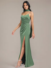 Eucalyptus Sheath/Column Spaghetti Straps Floor-Length Satin Bridesmaid Dress With Scarf