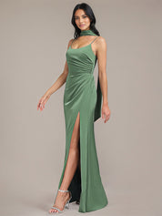 Eucalyptus Sheath/Column Spaghetti Straps Floor-Length Satin Bridesmaid Dress With Scarf