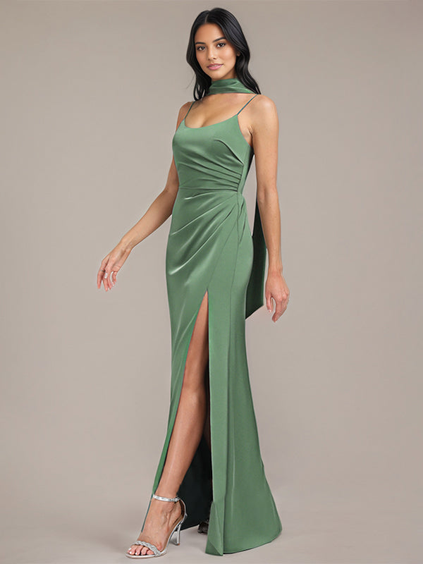 Eucalyptus Sheath/Column Spaghetti Straps Floor-Length Satin Bridesmaid Dress With Scarf
