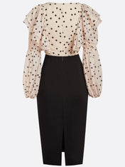 Apricot Peplum Chiffon Long Sleeve Balloon Sleeve Sheath Midi Dress