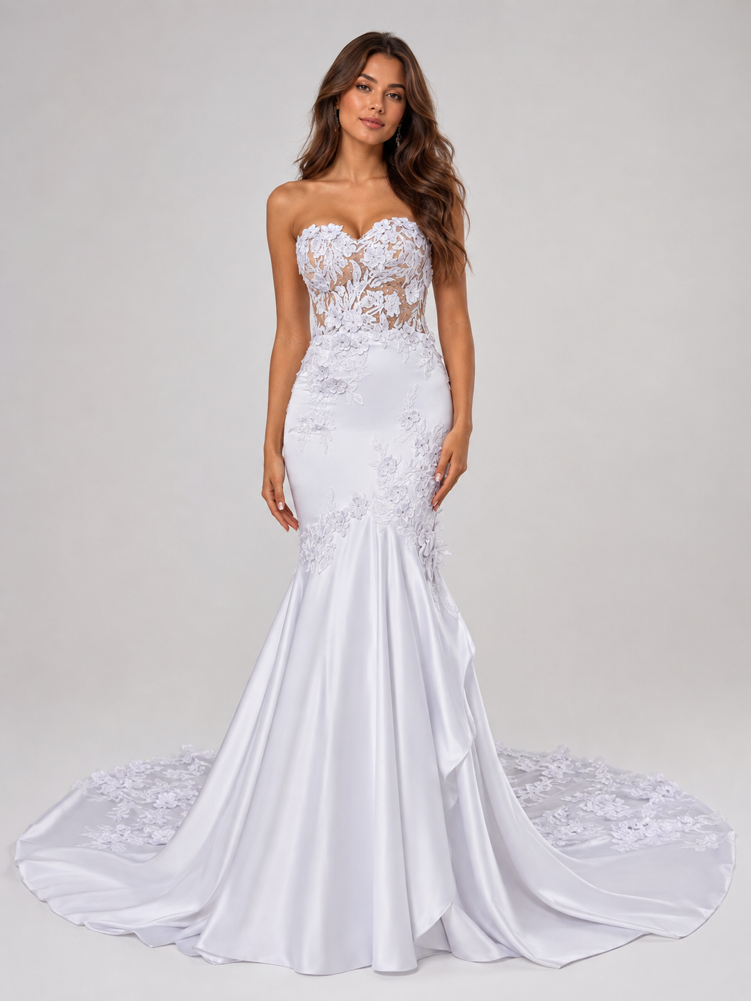 Elegant Strapless Sheer Lace Applique Satin Mermaid Wedding Dress with Chapel Train