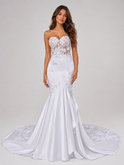 Elegant Strapless Sheer Lace Applique Satin Mermaid Wedding Dress with Chapel Train