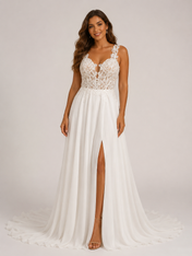 Elegant Illusion Lace Bodice Chiffon A-Line Wedding Dress with High Slit and Sweep Train