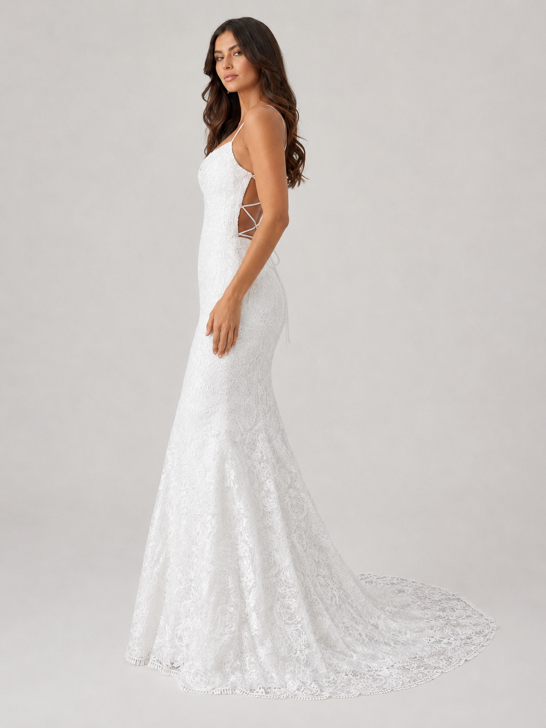 Elegant V-Neck Lace Mermaid Wedding Dress with Crisscross Back and Sweep Train