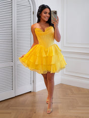 A Line Short Corset Homecoming Dress with Ruffles