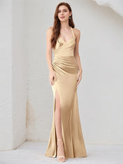 Champagne Satin Spaghetti Straps Sleeveless Floor Length Dress With High Slit