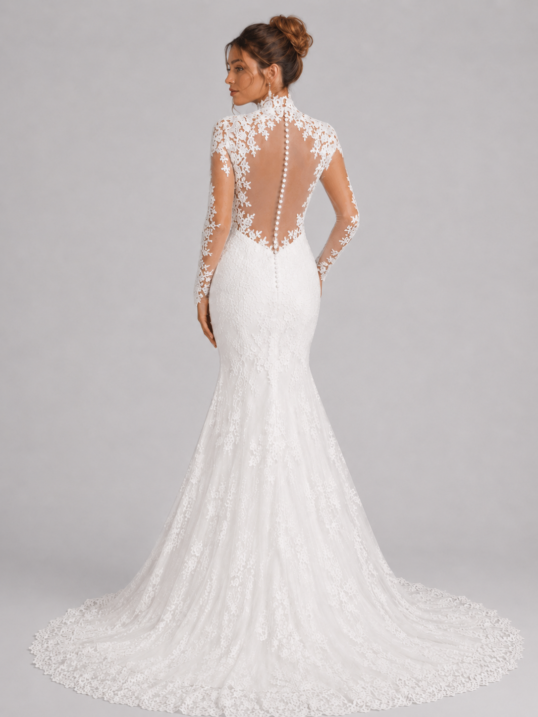 Elegant High Neck Long Sleeve Lace Mermaid Wedding Dress with Chapel Train