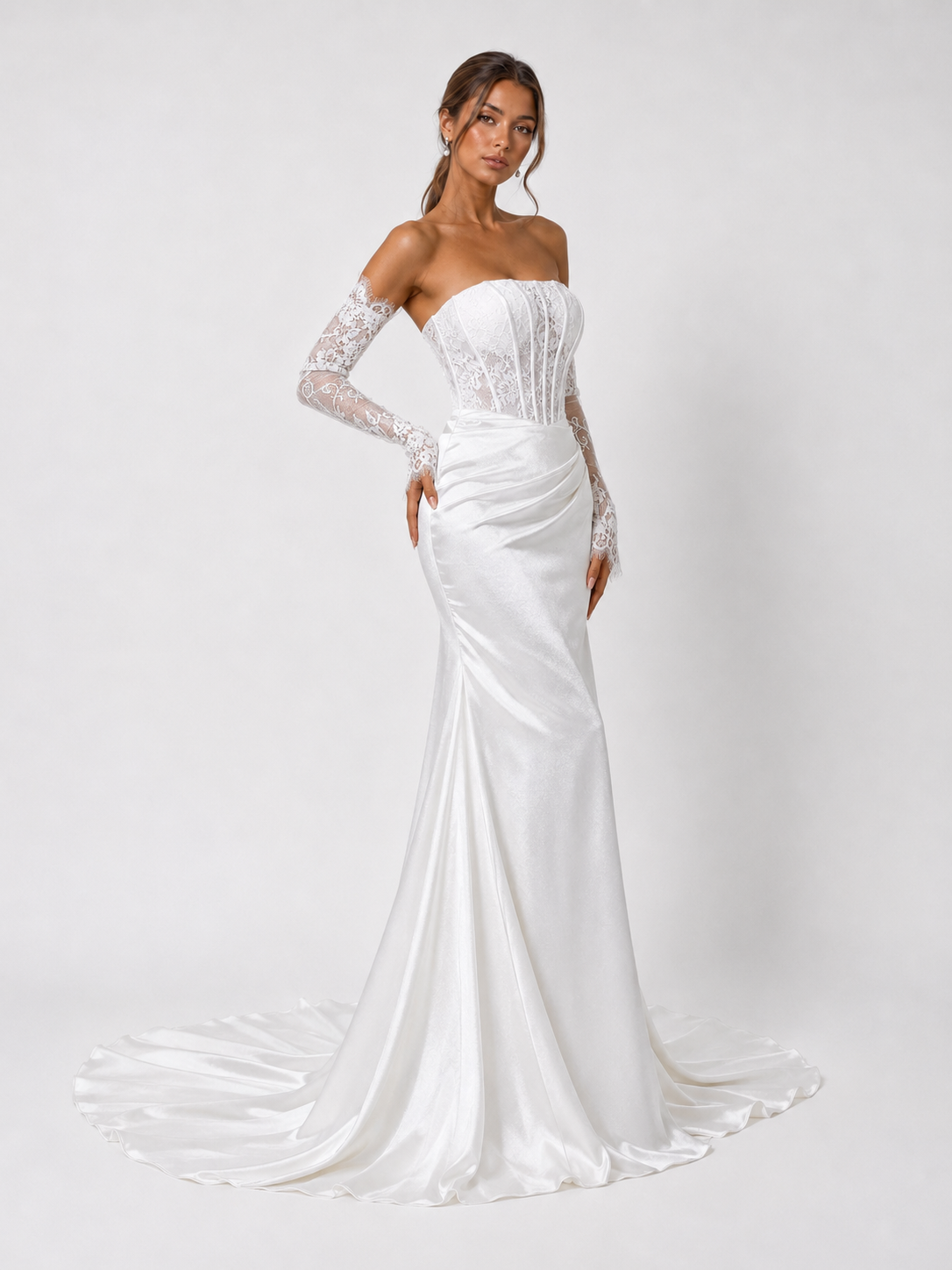 Elegant Off-the-Shoulder Lace Corset Satin Mermaid Wedding Dress with Detachable Sleeves and Chapel Train