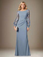 Dusty Blue Stretch Crepe Round Neck Long Sleeves Floor Length Dress With Appliques