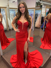 Red Mermaid Spaghetti Straps Beaded Applique Long Prom Dress with Slit