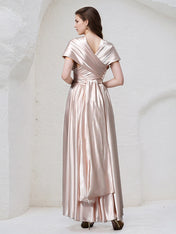Pearl Pink Satin A Line Halter Neck Sleeveless Asymmetrical Bridesmaid Dress