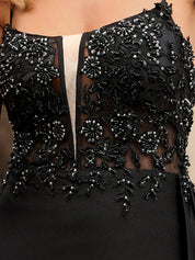 Black Mermaid Spaghetti Straps Long Appliqued Prom Dress With Slit