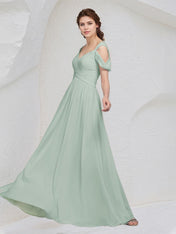 Sage Chiffon A Line V Neck Sleeveless Floor Length Pleated Bridesmaid Dress