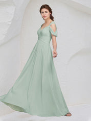 Sage Chiffon A Line V Neck Sleeveless Floor Length Pleated Bridesmaid Dress