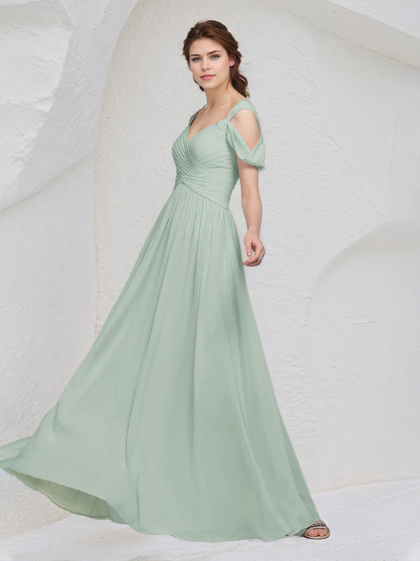 Sage Chiffon A Line V Neck Sleeveless Floor Length Pleated Bridesmaid Dress