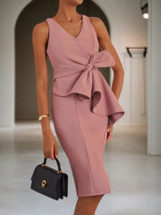 Pink V Neck Ruffled Sleeveless Bow Sheath Midi Dress