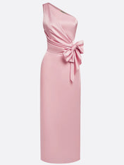 Pink Sheath/Column Satin One Shoulder Sleeveless Ankle Length Dresses With Bow