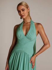 Green A Line Chiffon Halter Neck Sleeveless Floor Length Dresses