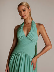 Green A Line Chiffon Halter Neck Sleeveless Floor Length Dresses