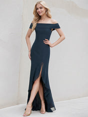 Dark Navy Chiffon Trumpet/Mermaid Off the Shoulder Asymmetrical Chiffon Bridesmaid Dress