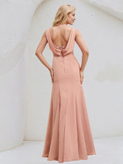Dusty Rose Chiffon Trumpet/Mermaid Boat Neck Floor Length Bridesmaid Dress