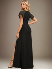Sheath/Column V-Neck Floor-Length Chiffon Dress With Pleated Sequins Beading