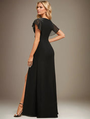 Sheath/Column V-Neck Floor-Length Chiffon Dress With Pleated Sequins Beading