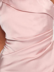 Pale Pink Satin Sheath/Column One Shoulder Ankle Length Bridesmaid Dresses