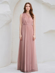 Dusty Rose A-Line Halter Neck Floor-Length Tulle Bridesmaid Dress
