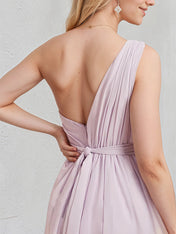 Pink Chiffon A Line One Shoulder Sleeveless Floor Length Bridesmaid Dress