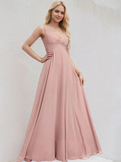 Dusty Rose Chiffon A Line V Neck Sleeveless Floor Length Bridesmaid Dress