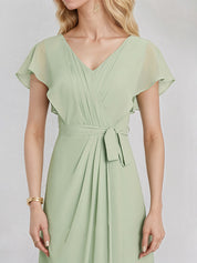 Celadon Chiffon A Line V Neck Ruffle Sleeves Floor Length Bridesmaid Dress
