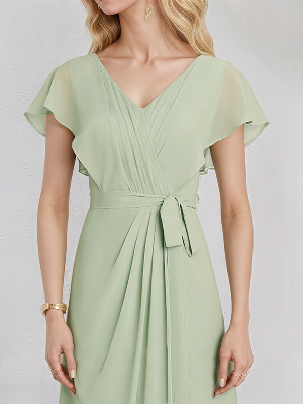 Celadon Chiffon A Line V Neck Ruffle Sleeves Floor Length Bridesmaid Dress